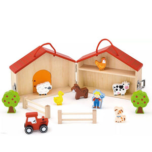 Jeu de la ferme en bois complet, bâtiment et 6 animaux