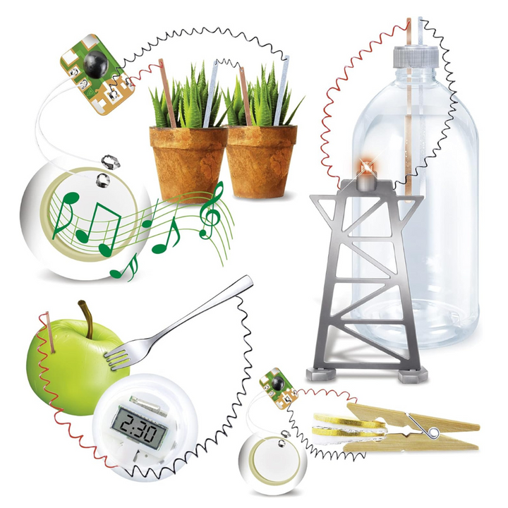 Composants du kit Électriplante : plaques, fils, horloge LCD