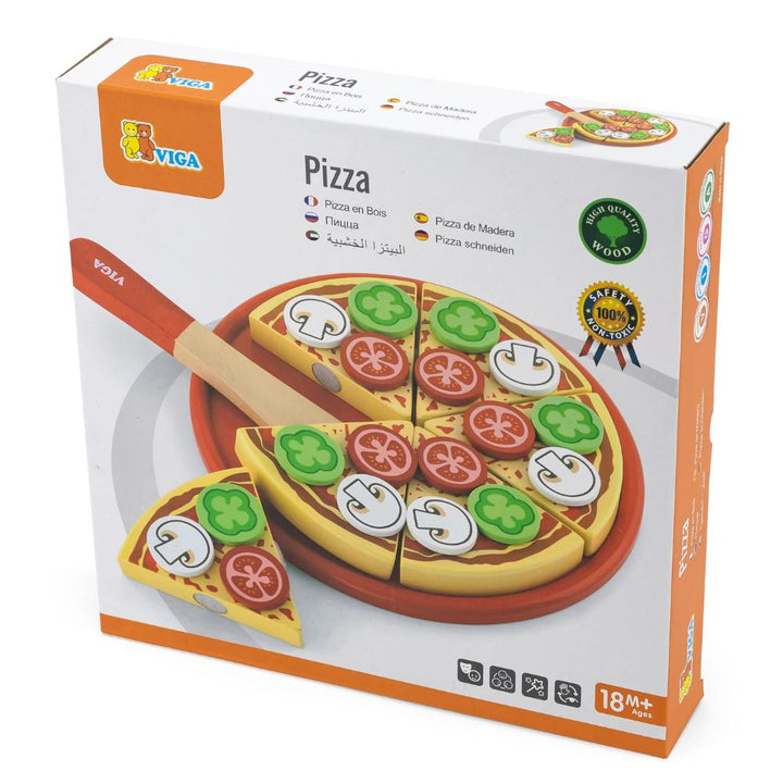 Détail des garnitures peintes à la main sur la pizza en bois éducative