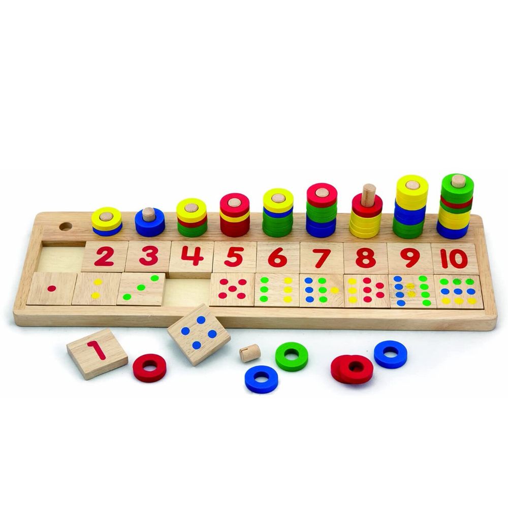Jeu en bois naturel pour apprendre à compter avec anneaux et formes pour enfants 3+ Ans