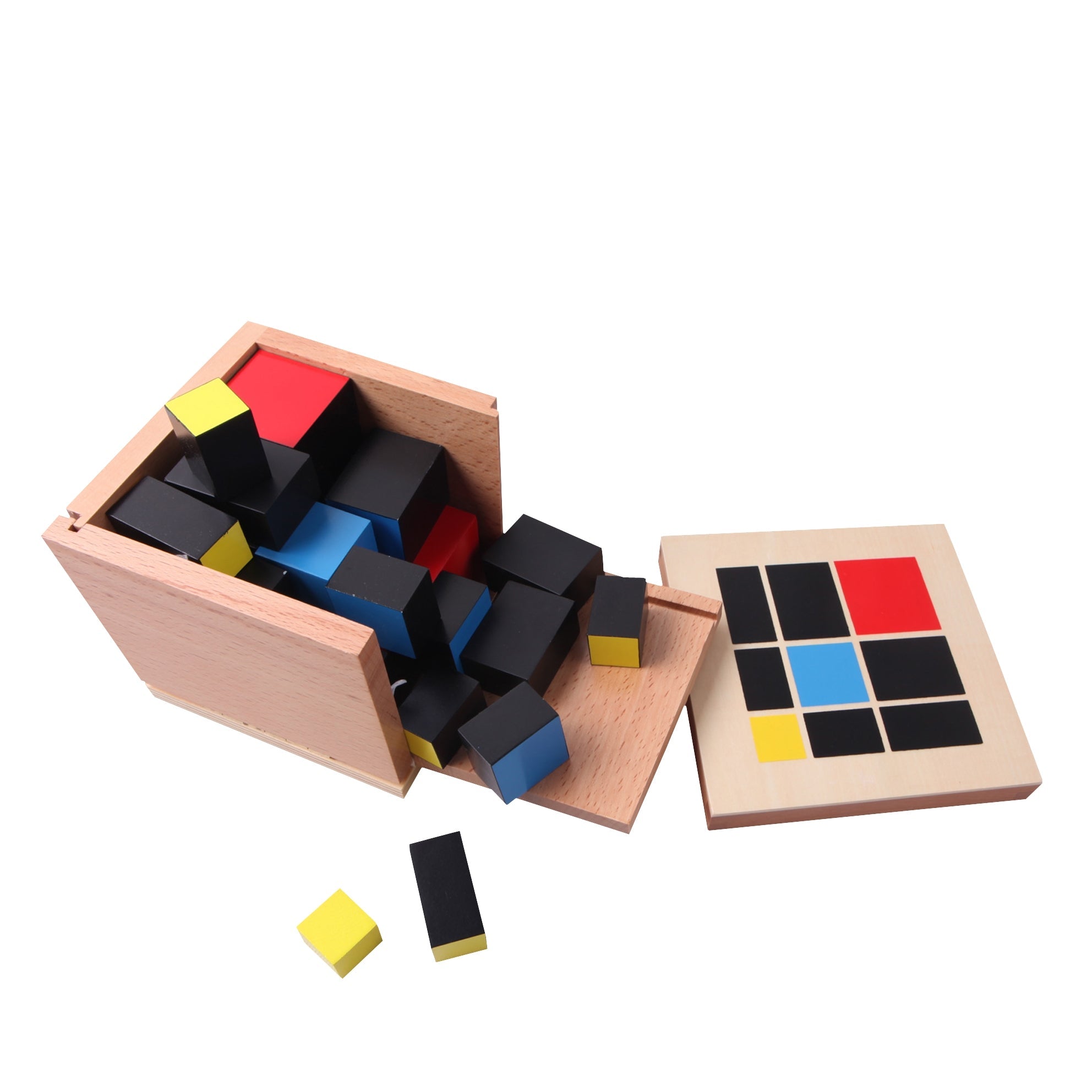 Boîte en bois avec couvercle illustré du Cube du Trinôme Montessori