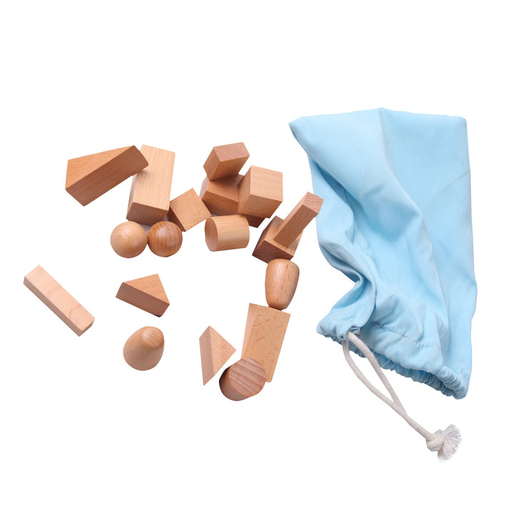 Sac stéréognostique SmartBebe ouvert montrant des formes géométriques en bois