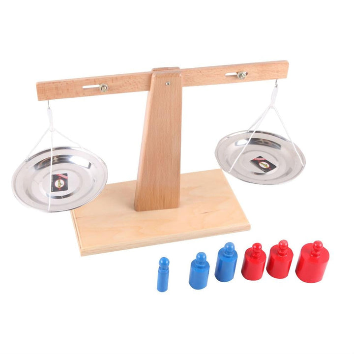 Balance pédagogique en bois avec poids colorés pour enfants