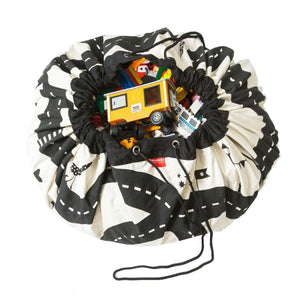 Sac de rangement jouets 2-en-1 ouvert en tapis de jeu circuit route 140cm