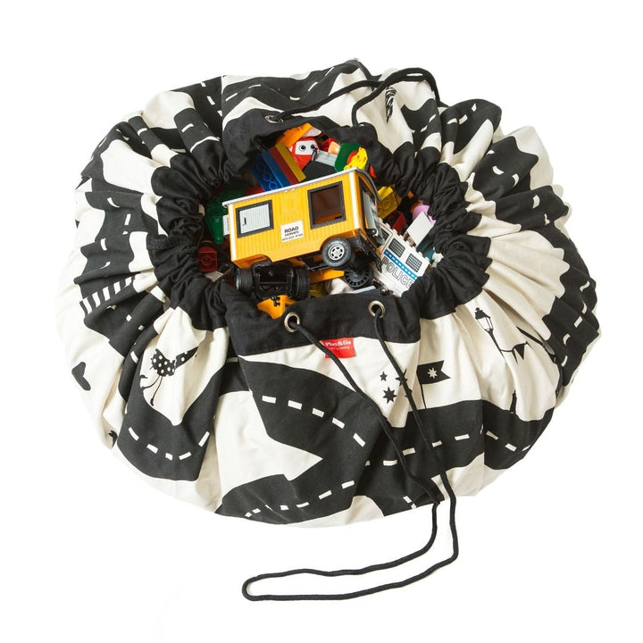 Sac de rangement jouets 2-en-1 ouvert en tapis de jeu circuit route 140cm