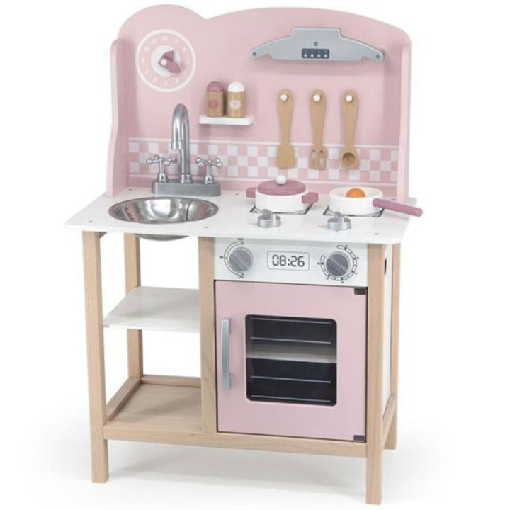 Cuisine en bois rose avec vaisselle, vue d'ensemble