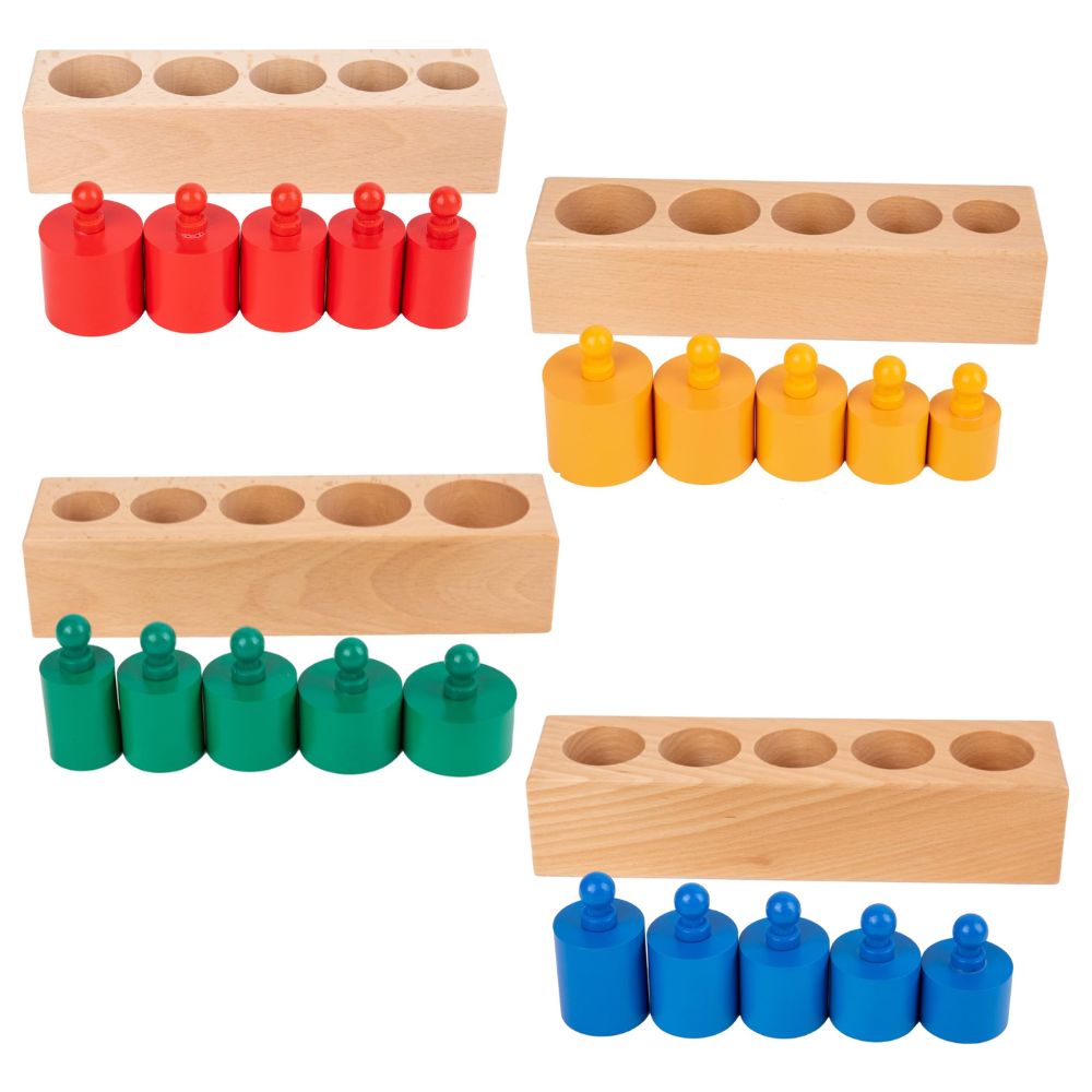 Boîte de rangement des blocs de cylindres Montessori colorés