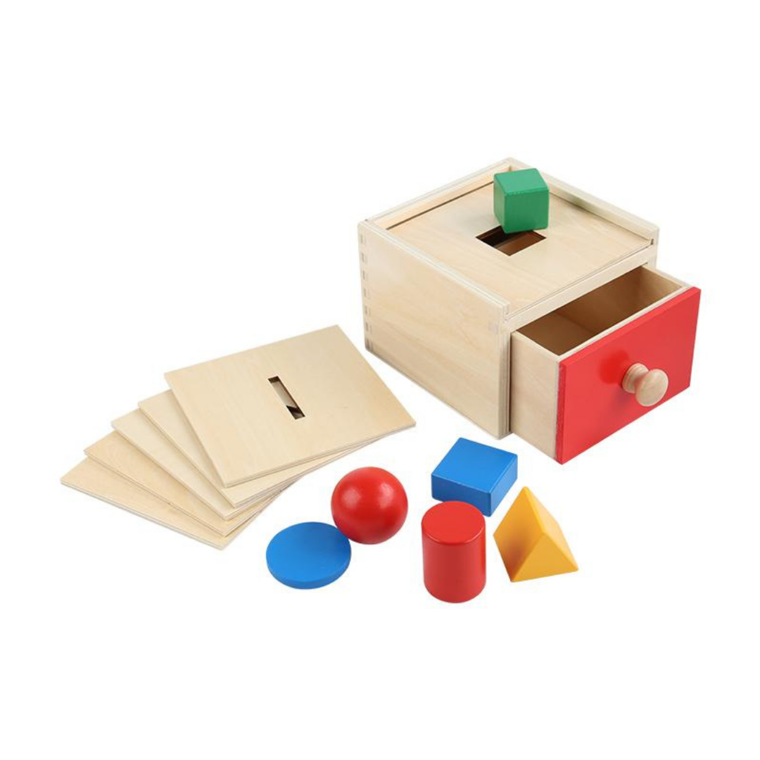 Boîte d'encastrement Montessori en bois avec 6 formes géométriques et tiroir