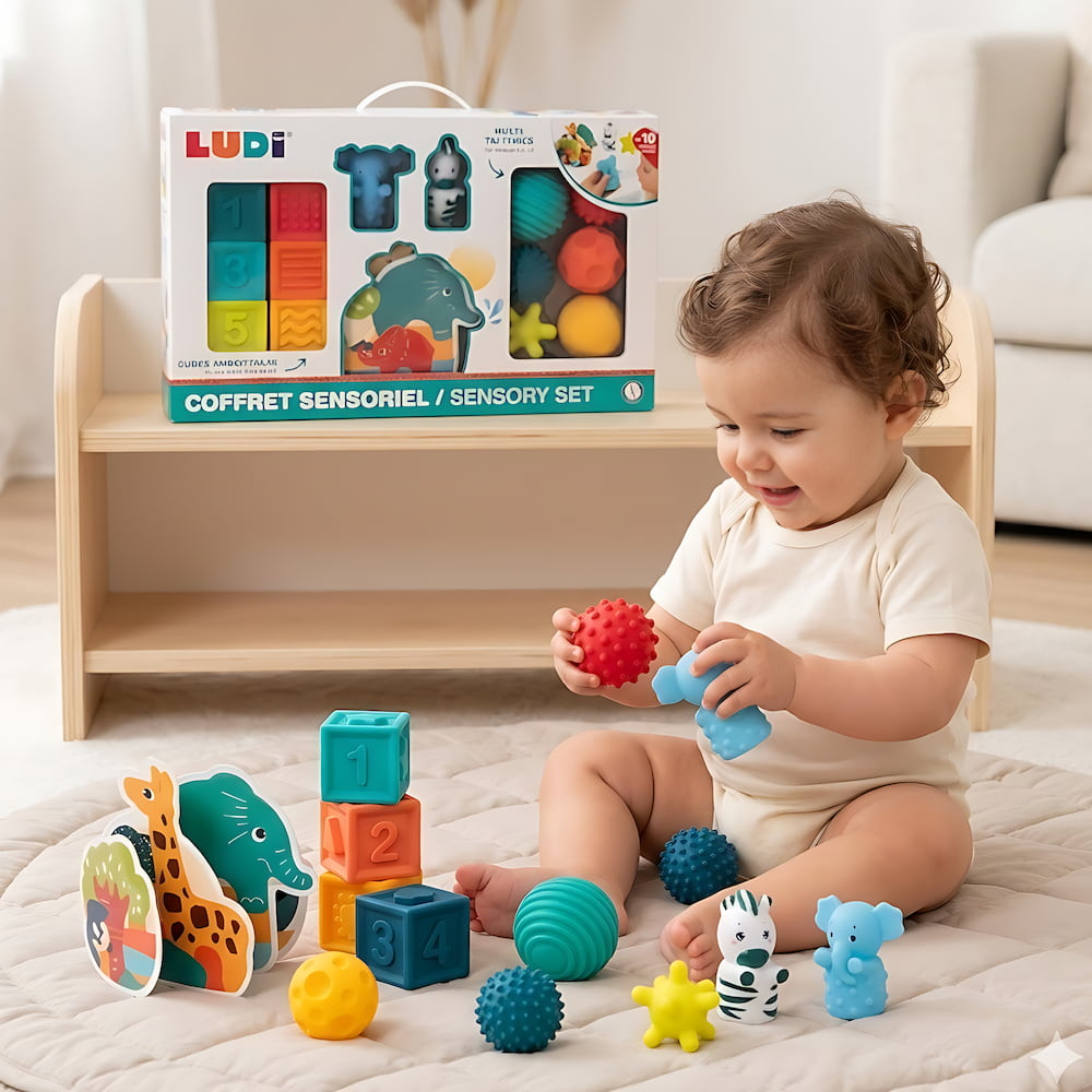 Coffret d'éveil Jungle Ludi complet avec 15 jouets sensoriels