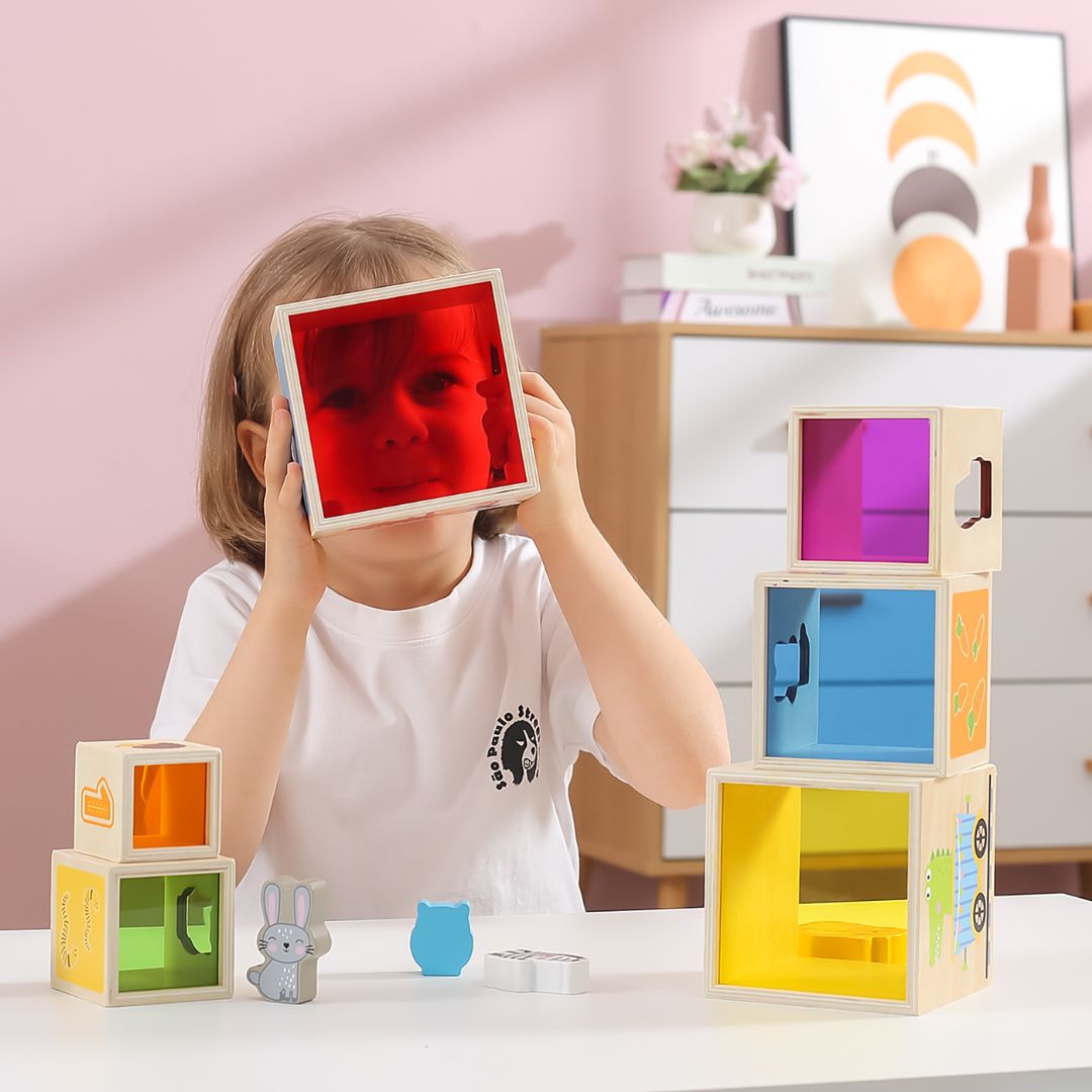 Cubes Montessori avec chiffres animaux et formes géométriques