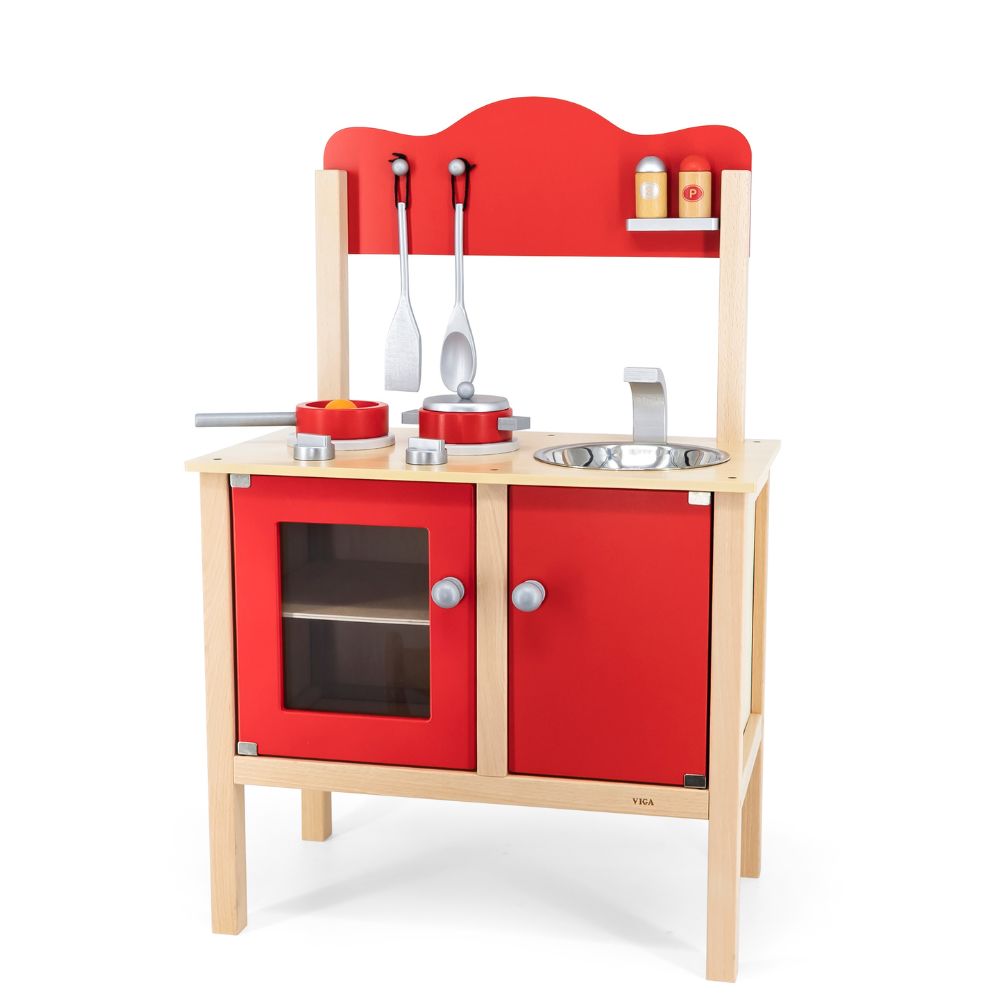 Cuisine en bois rouge avec accessoires pour enfant, jeu imaginatif Montessori
