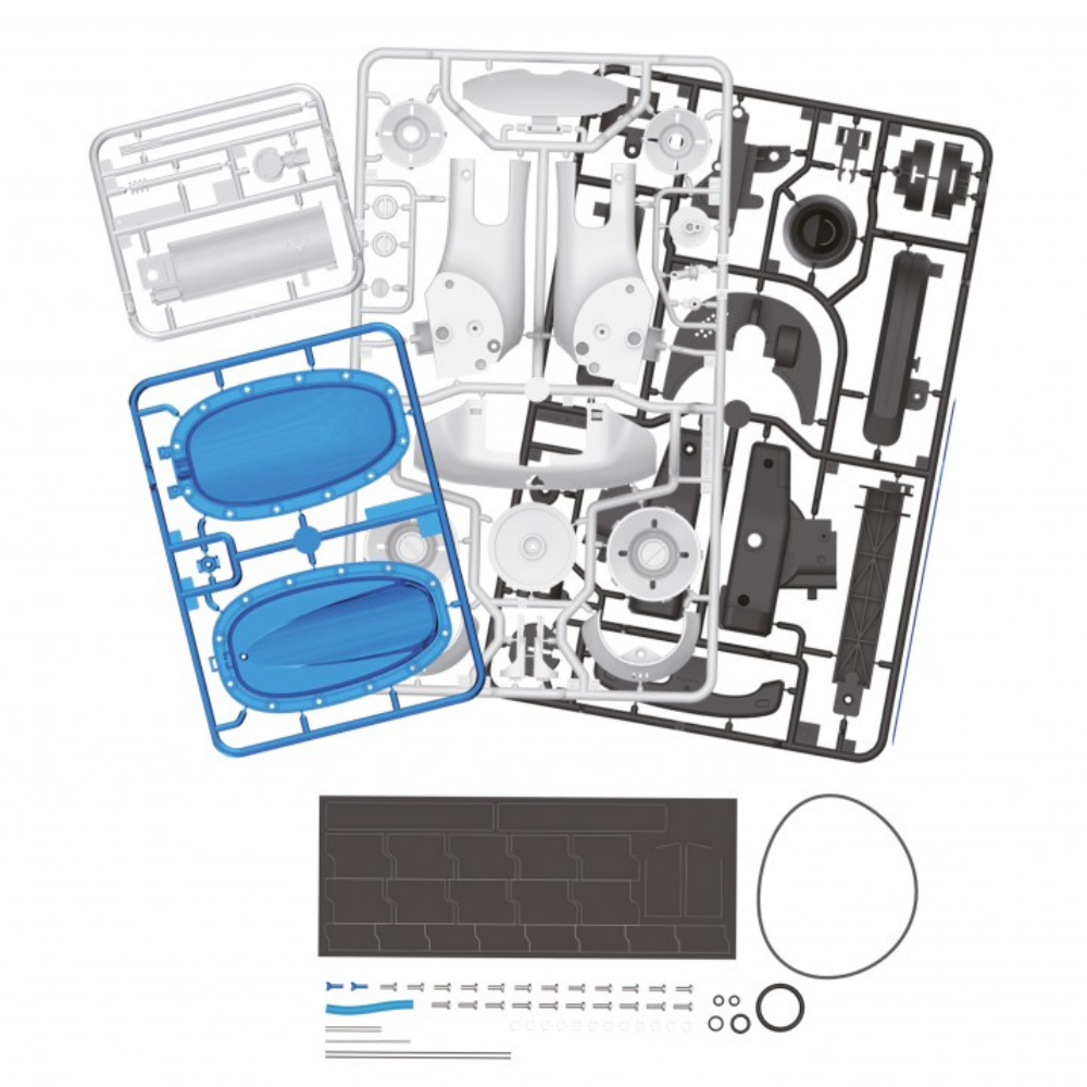 Vue détaillée des 110 pièces du kit de construction Buki