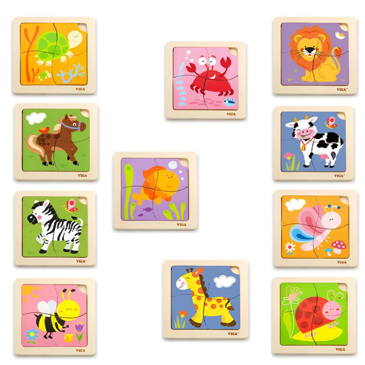 Gros plan sur un puzzle en bois pour bébé assemblé, thème animal
