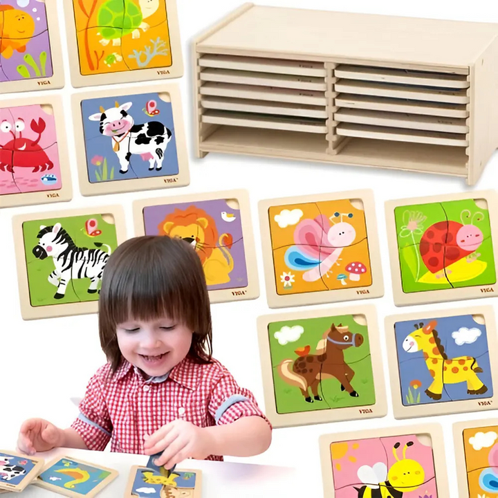 Boîte de rangement ouverte montrant 12 puzzles en bois de 4 pièces chacun