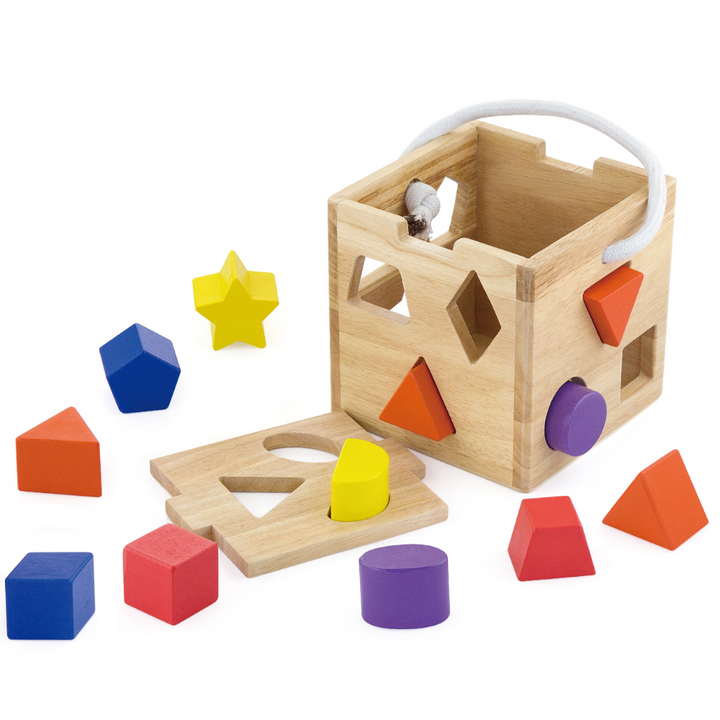Boîte d'encastrement Montessori en bois naturel avec 12 formes géométriques colorées