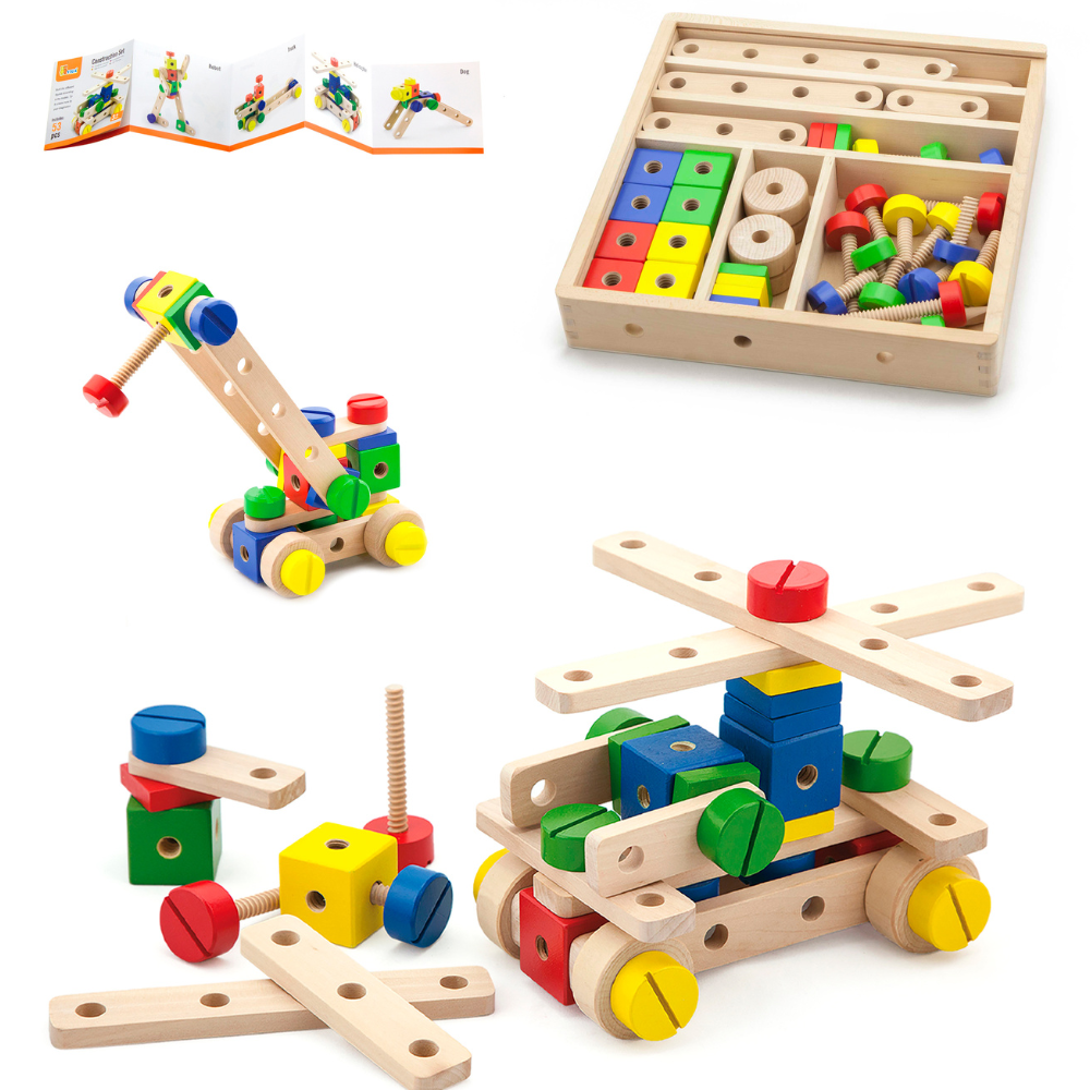 Enfant manipulant les vis et écrous en bois pour assembler une structure