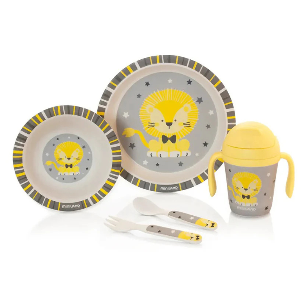 Coffret repas bébé Miniland motif lion avec assiette et couverts bio