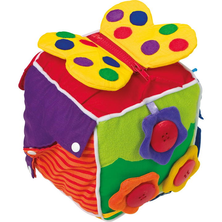 Cube d'activités Montessori en tissu avec fermetures éclair et boutons