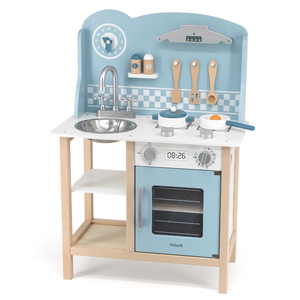 Cuisine en bois bleue pour enfants avec accessoires de cuisine et ustensiles