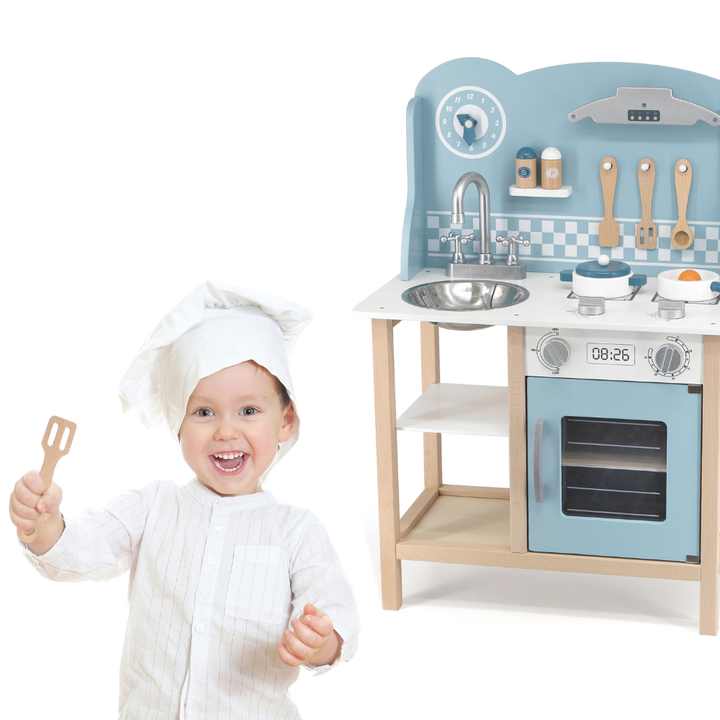 Cuisine en Bois Montessori Bleu avec Accessoires pour Enfants 3+