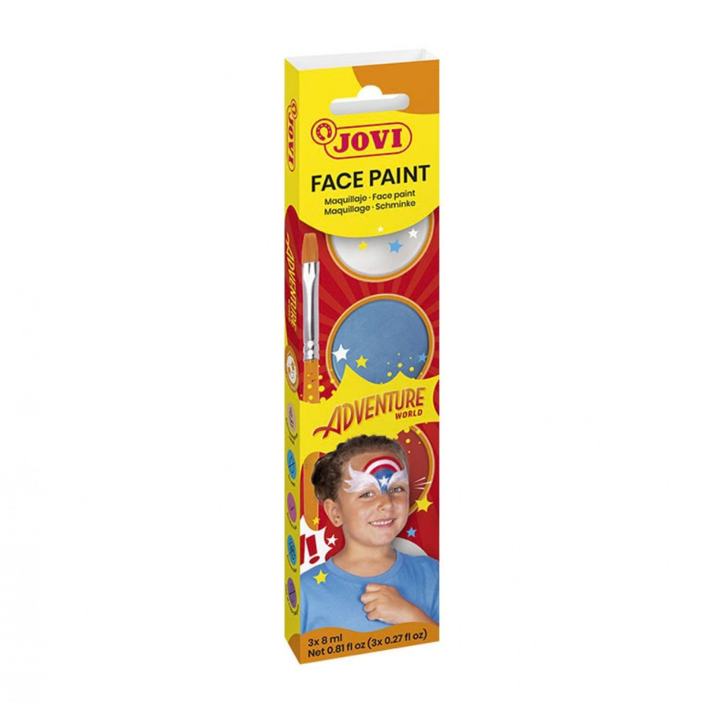 Gros plan sur les pots de maquillage blanc, rouge et bleu du kit JOVI