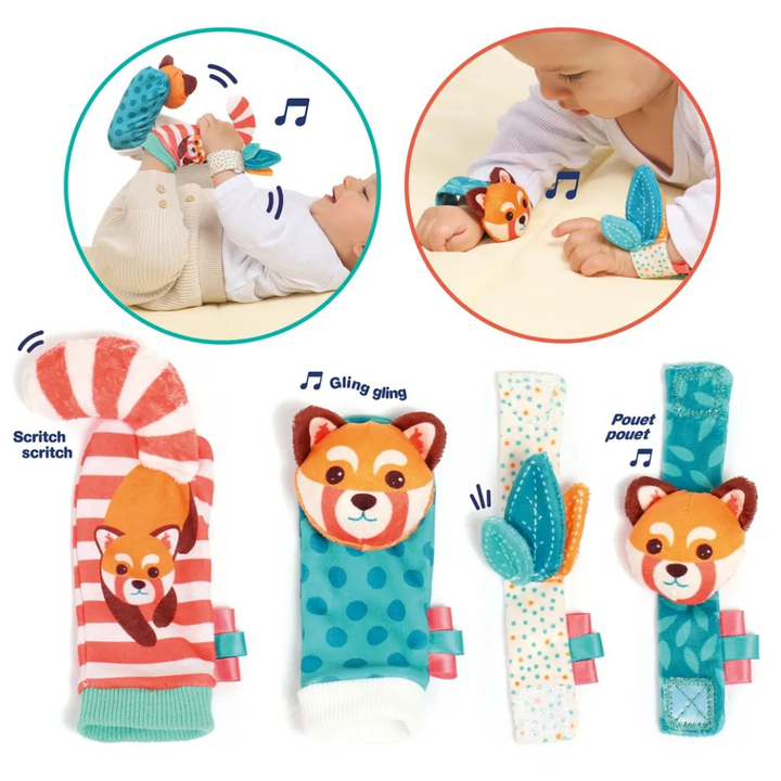 Bébé portant des chaussettes et bracelets d'éveil Montessori