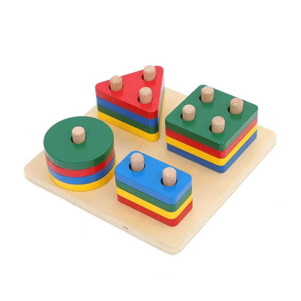 Jeu Géoformes, abaque en bois avec 4 formes géométriques colorées sur tiges