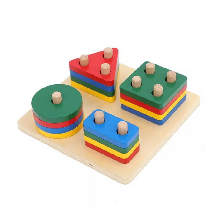 Jeu Géoformes, abaque en bois avec 4 formes géométriques colorées sur tiges