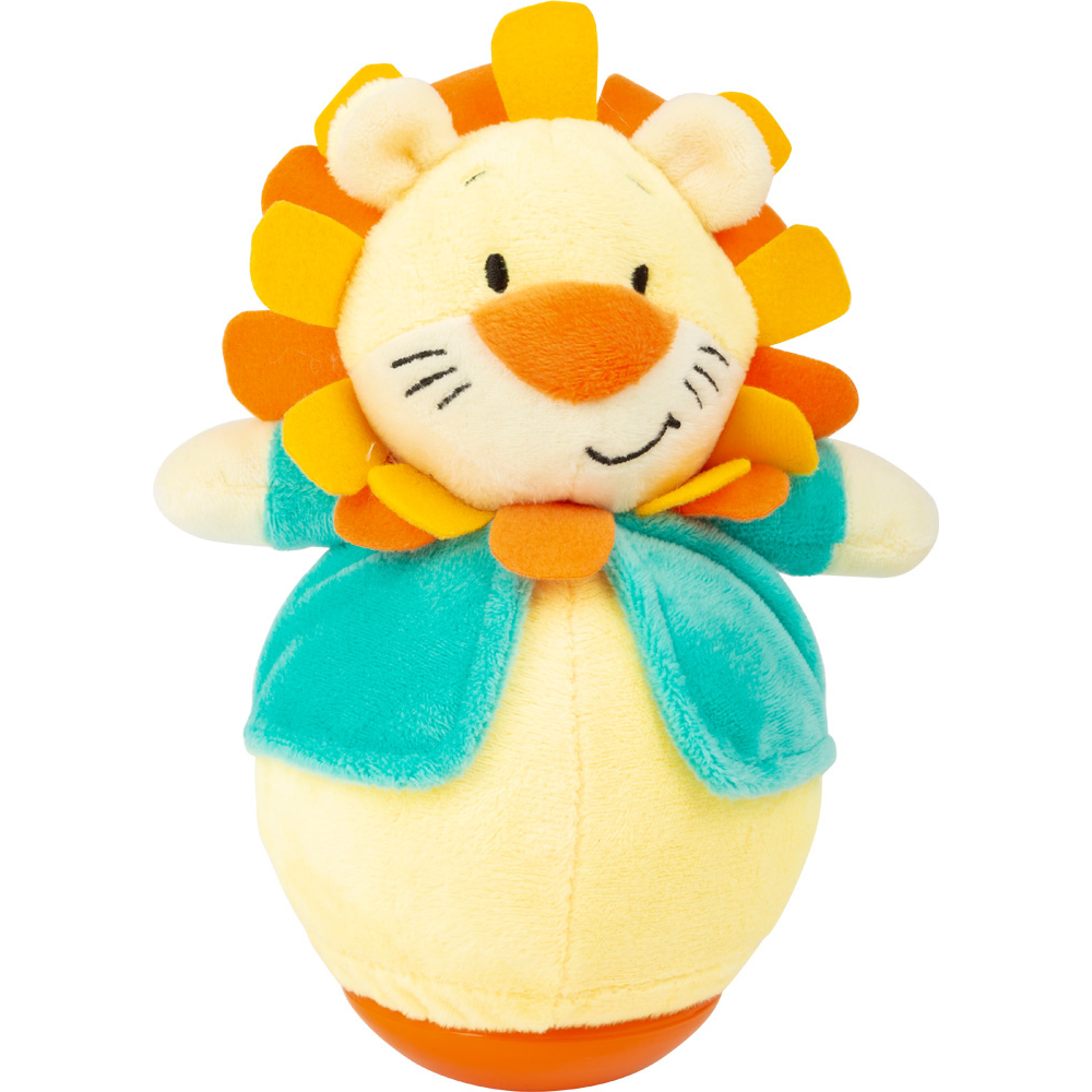 Lion culbuto en peluche colorée pour éveil bébé