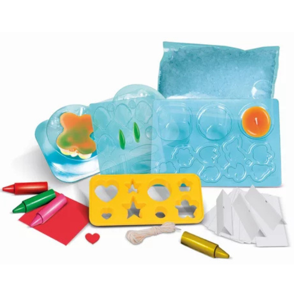 Vue d'ensemble du contenu du kit Ma fabrique à bougies : paraffine, moules, décoratifs et notice