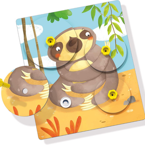 Gros plan sur les pièces circulaires et les vis du puzzle Giro Montessori