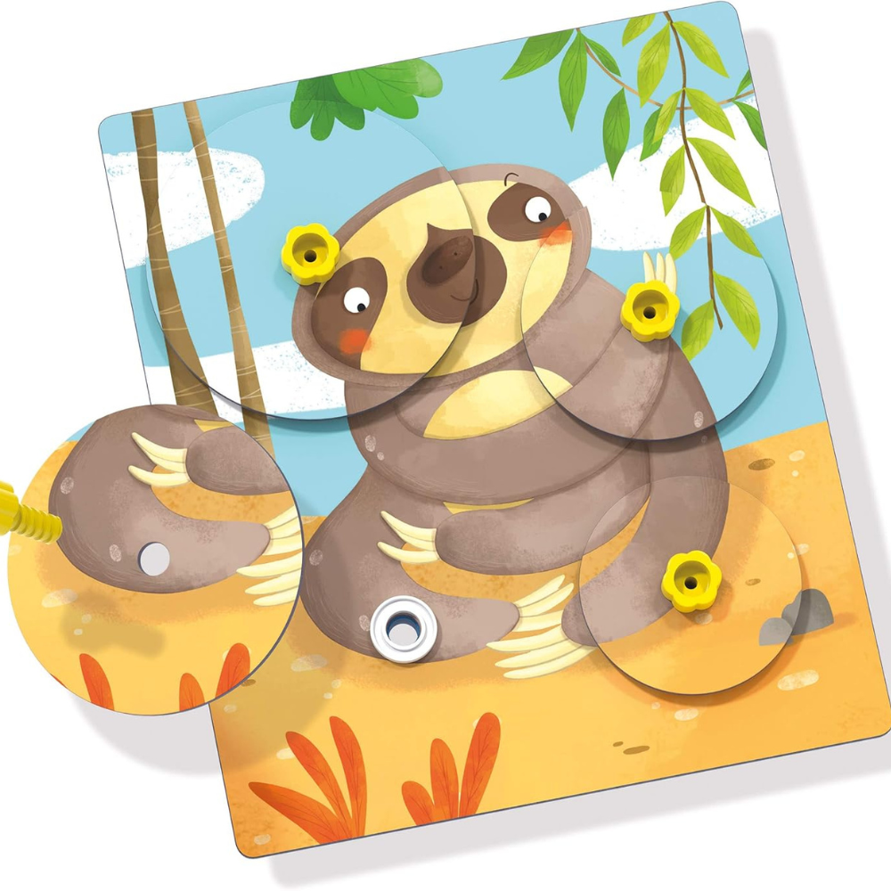 Gros plan sur les pièces circulaires et les vis du puzzle Giro Montessori