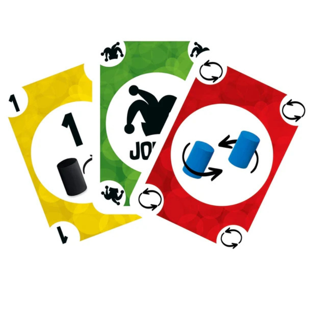 Pions colorés et cartes à effets spéciaux du jeu Tac-Tik