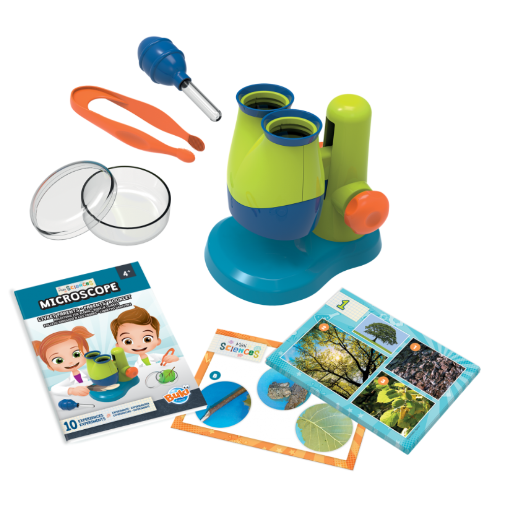 Accessoires du microscope Mini Sciences : lames, pincettes, éclairage