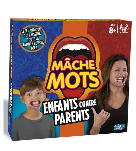 Boîte du jeu Mâche Mots avec embouts et cartes visibles