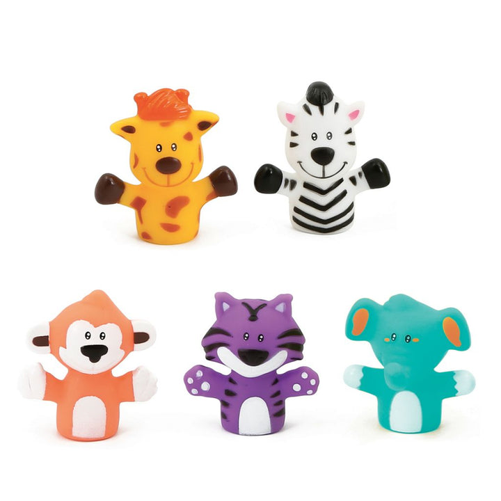 Bébé jouant avec des marionnettes de doigts lion et girafe en plastique souple