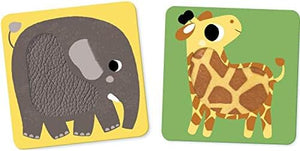 Détail des cartes illustrées animaux avec matières à toucher