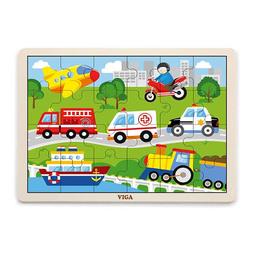 Puzzle en bois représentant 24 pièces de véhicules colorés pour enfant dès 2 ans