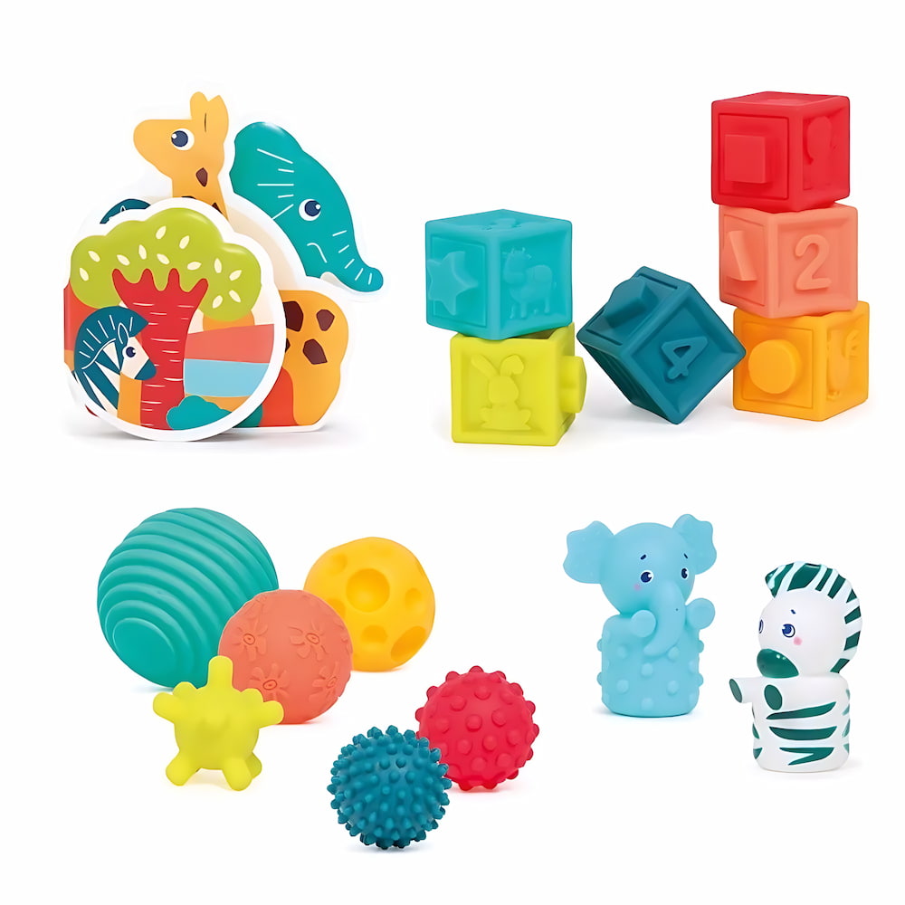 Bébé jouant avec les cubes souples et balles sensorielles Ludi