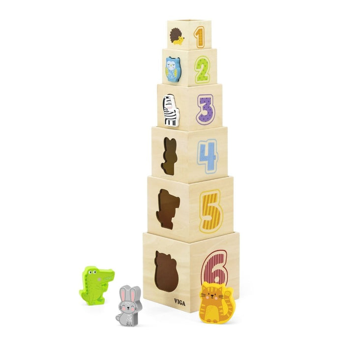 Tour à empiler Viga Toys 6 cubes éducatifs en bois