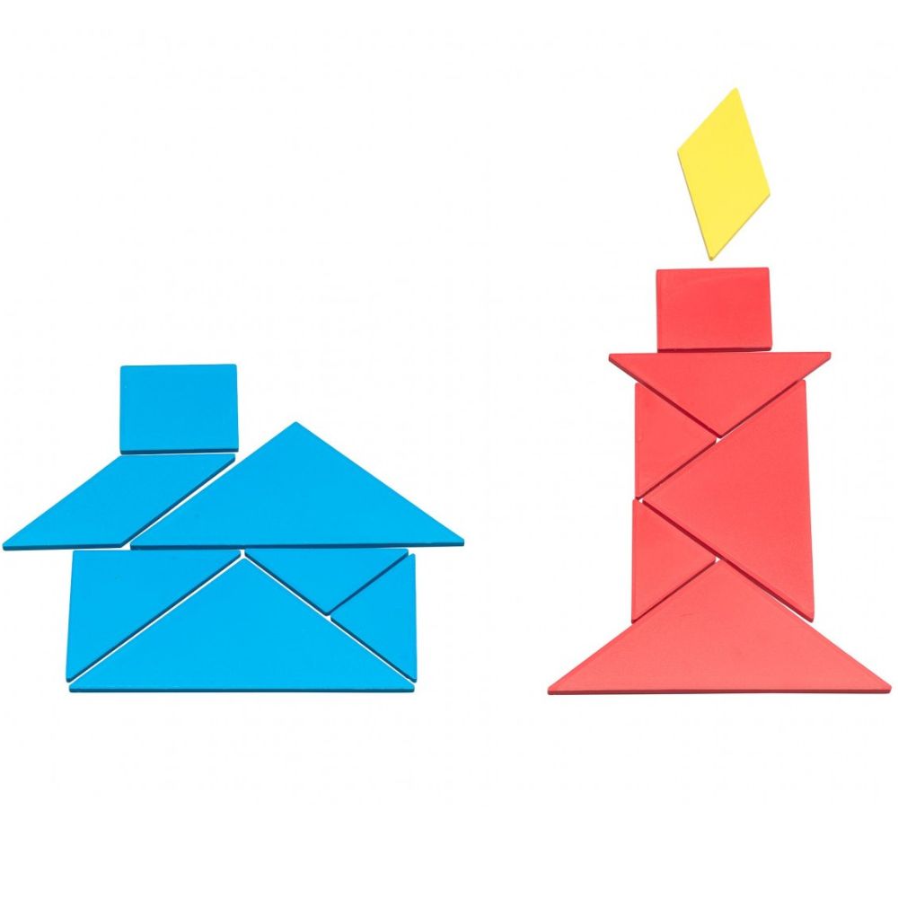 Tangrams empilés, montrant leurs différentes couleurs vives