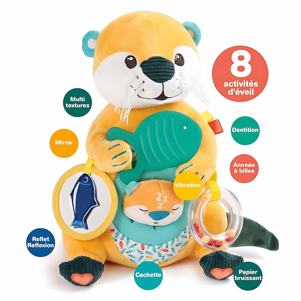 Détail du poisson de dentition en silicone et anneau à billes de la peluche LUDI