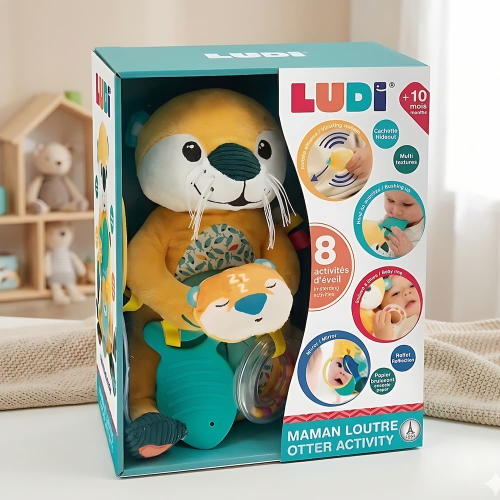 Peluche Maman Loutre LUDI - Jouet d'Éveil Sensoriel et Motricité