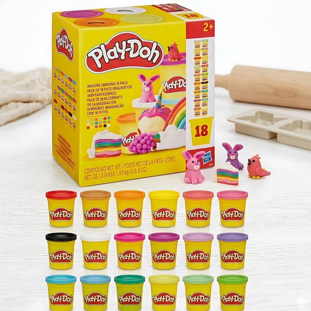 Pack de 18 pots de pâte à modeler Play-Doh multicolore sur fond blanc
