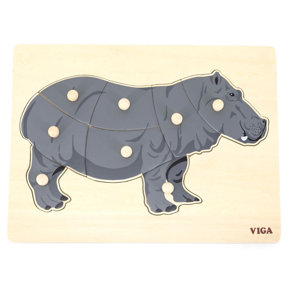Puzzle en bois Montessori hippopotame avec boutons de préhension pour enfant