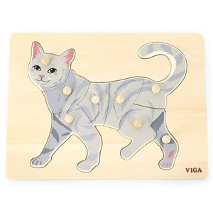 Puzzle Montessori en bois motif chat avec 8 pièces à boutons de préhension