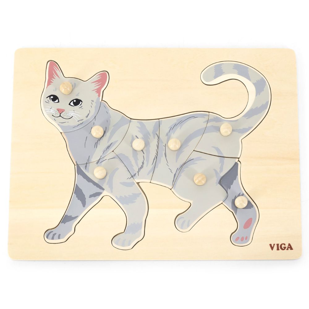 Puzzle Montessori en bois motif chat avec 8 pièces à boutons de préhension