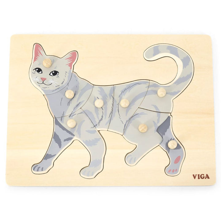 Puzzle Montessori en bois motif chat avec 8 pièces à boutons de préhension