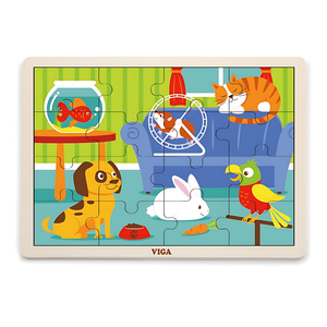 Puzzle en bois 16 pièces thème animaux de compagnie, vue éclatée