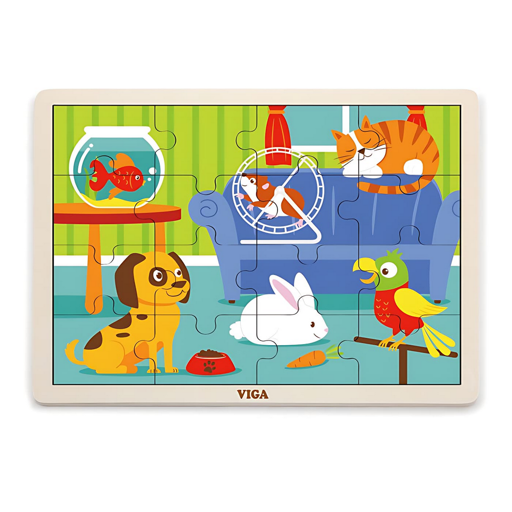 Puzzle en bois 16 pièces thème animaux de compagnie, vue éclatée
